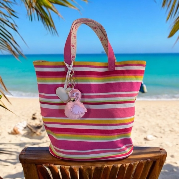 Handbags - Striped Canvas Flamingo Beach Tote Bag